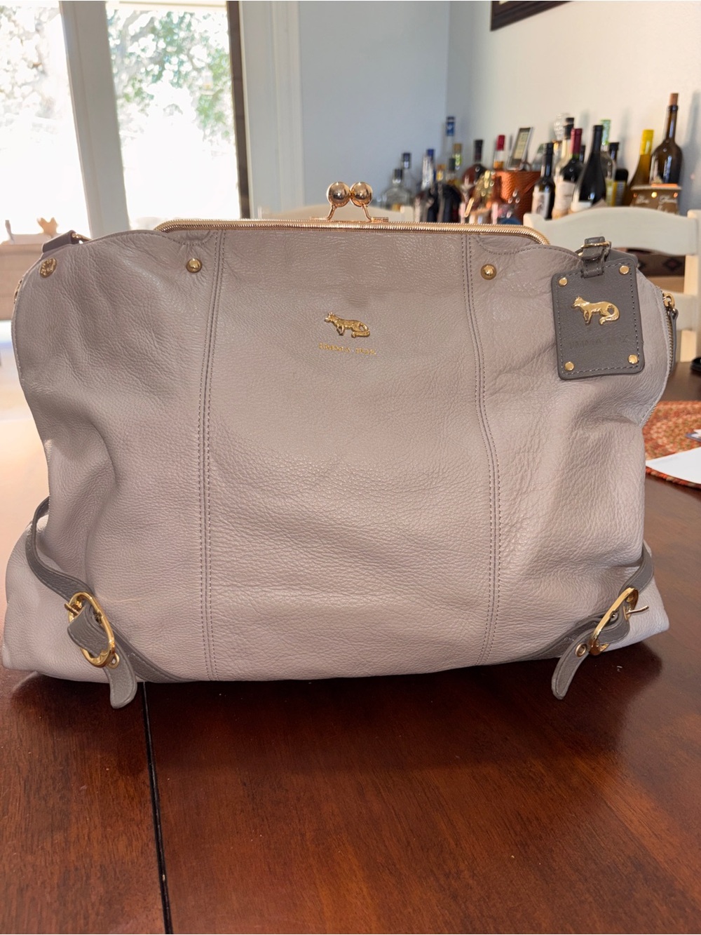 Emma Fox Taupe Pebbled Leather Frame Tote with Gold Hardware